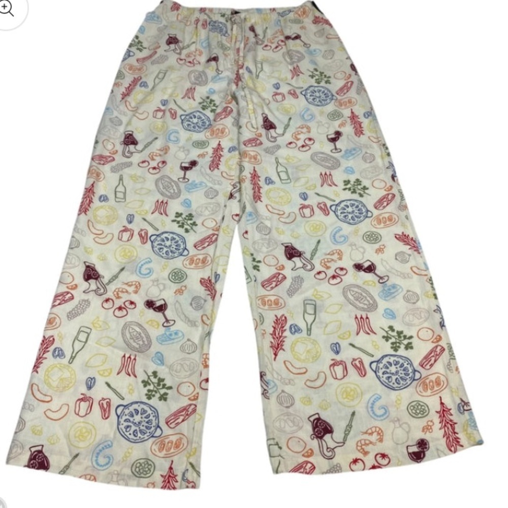 Sincerely Jules wine, pepper, pasta printed linen wide leg tie waisted pants $78